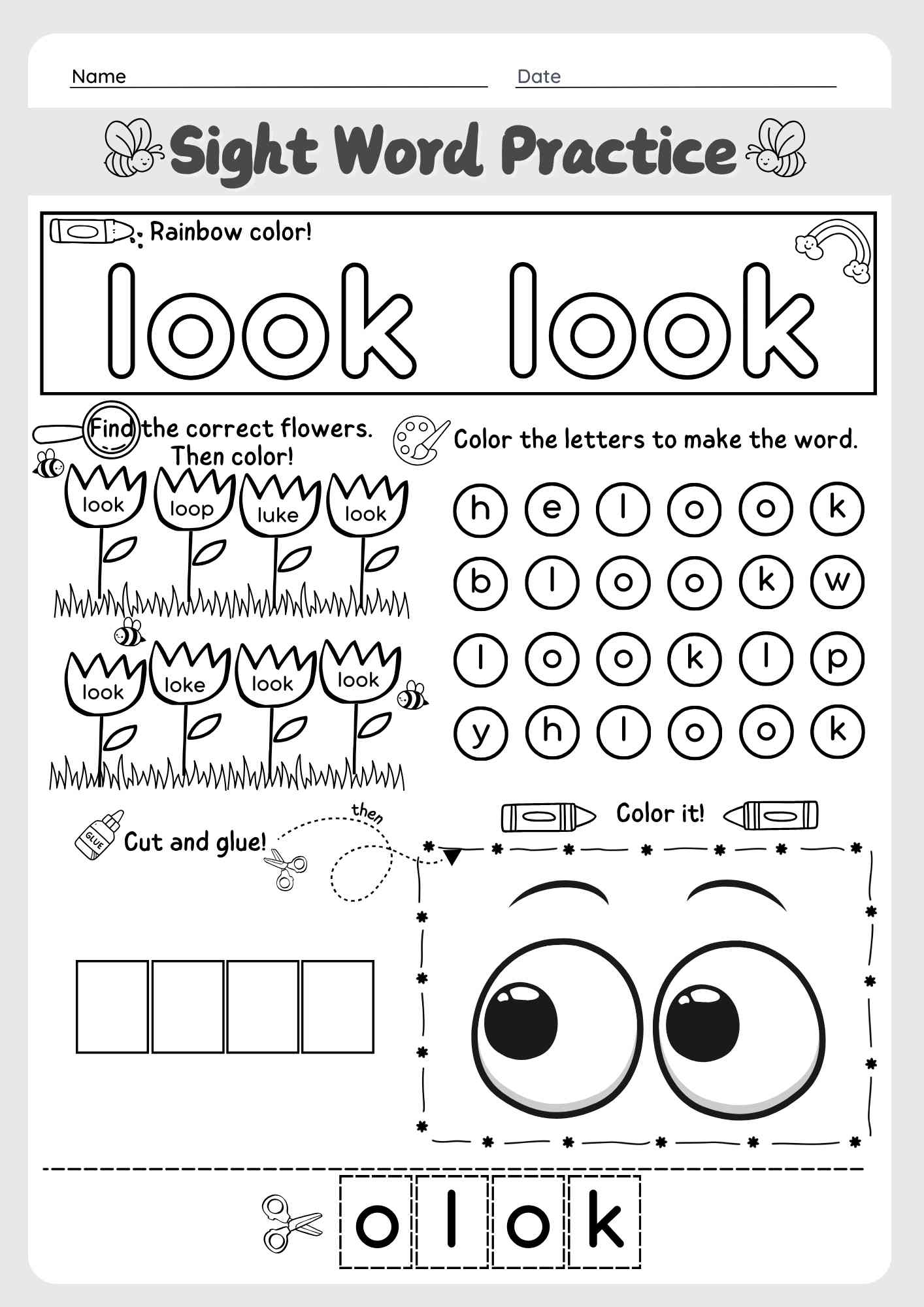 Dolch Sight Word "Look" Worksheet for Pre-Kindergarten PDF Download